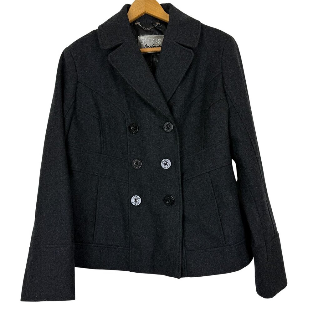 Guess Womens NWT Wool Blend Peacoat Jacket Size Medium Charcoal Double-Breasted